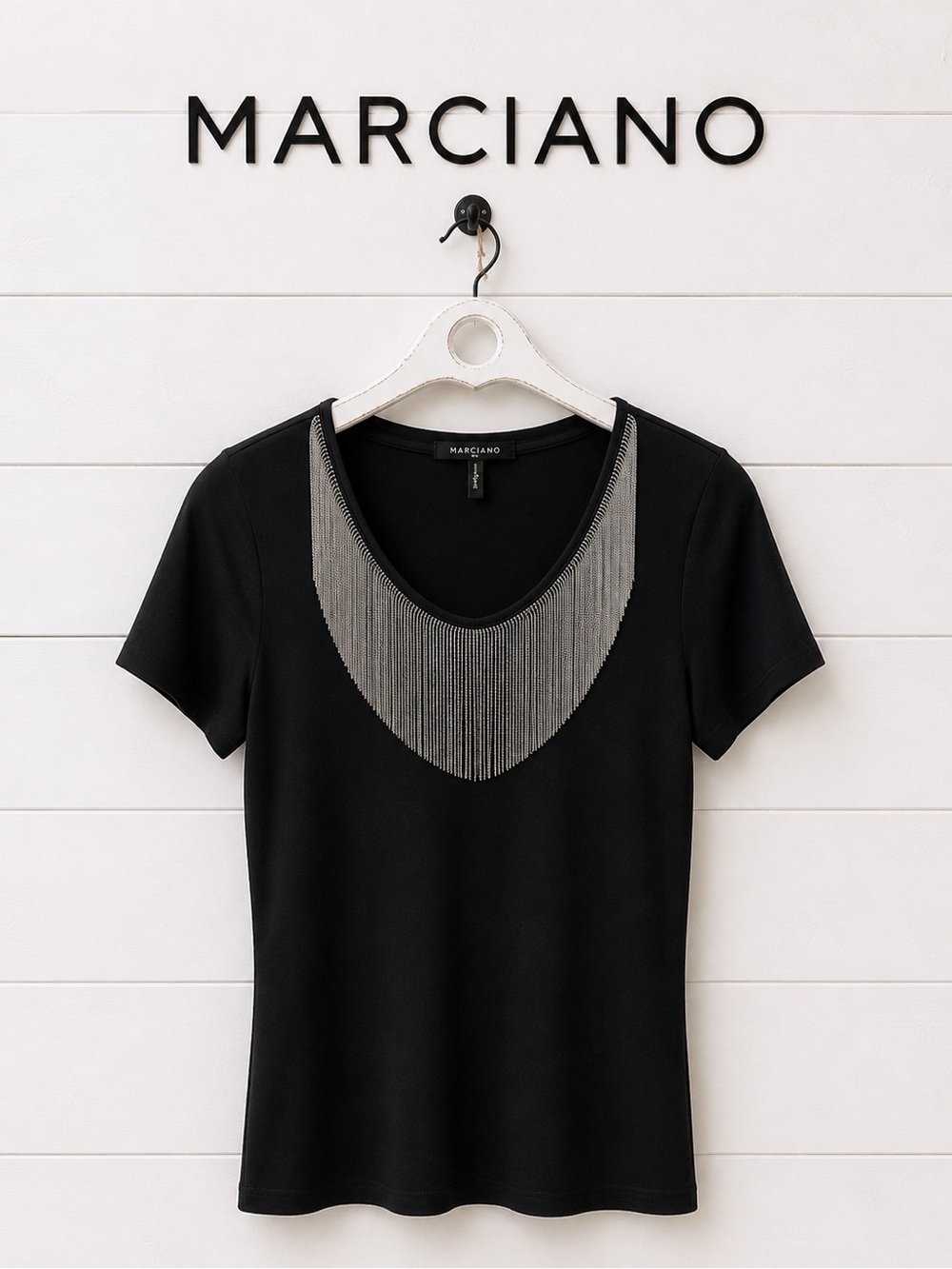 MARCIANO – Black T-Shirt with Silver Chain Detail (Size XS)